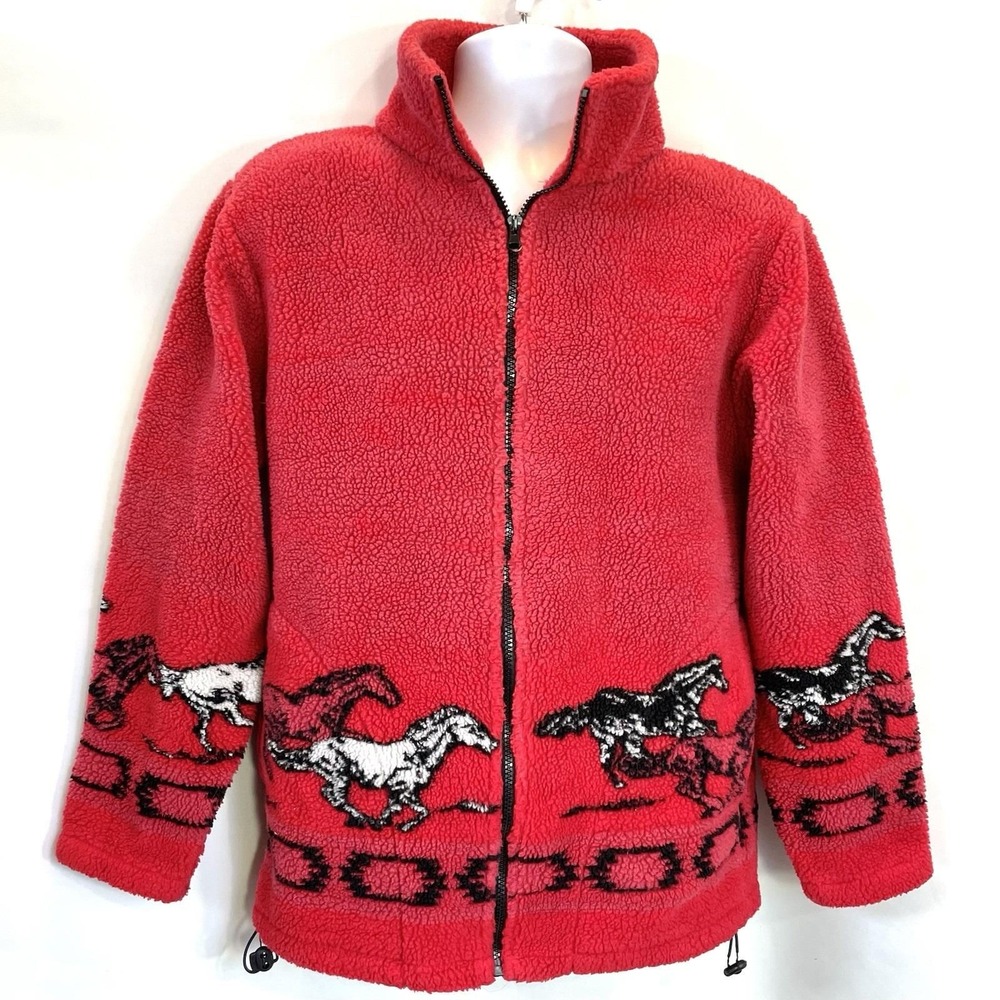 Vintage National Wildlife Running Wild Horses Red Fleece Full-Zip Front Jacket S